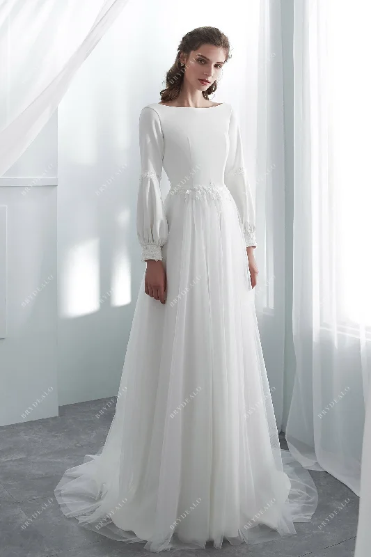 Pretty Bubble Sleeves Crepe Tulle Boho Wedding Dress