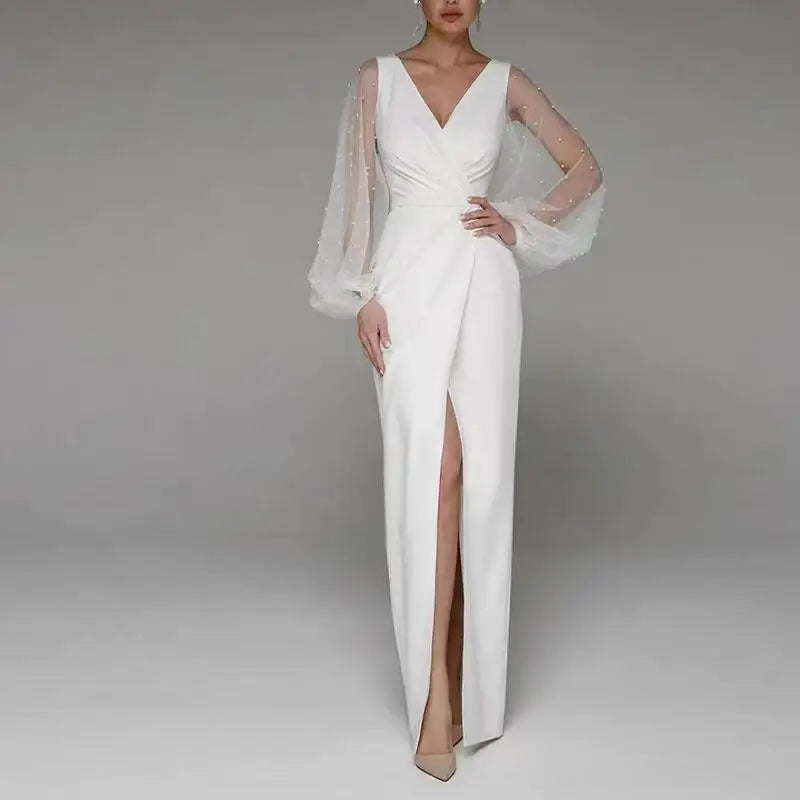 Wedding Dresses With Illusion Long Sleeve Classic V-neck Floor-length