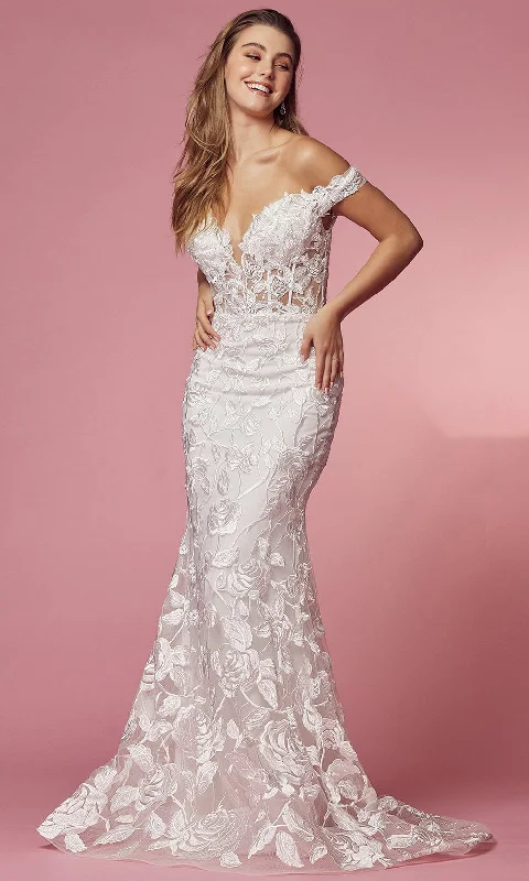 Nox Anabel Bridal - C439W Off Shoulder Floral Mermaid Gown