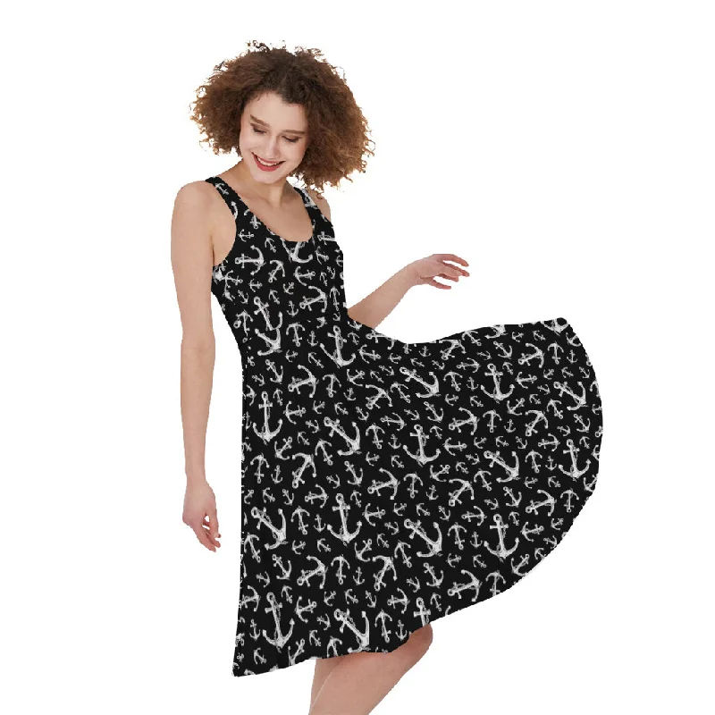 Black And White Anchor Pattern Print Sleeveless Knee Length Dress