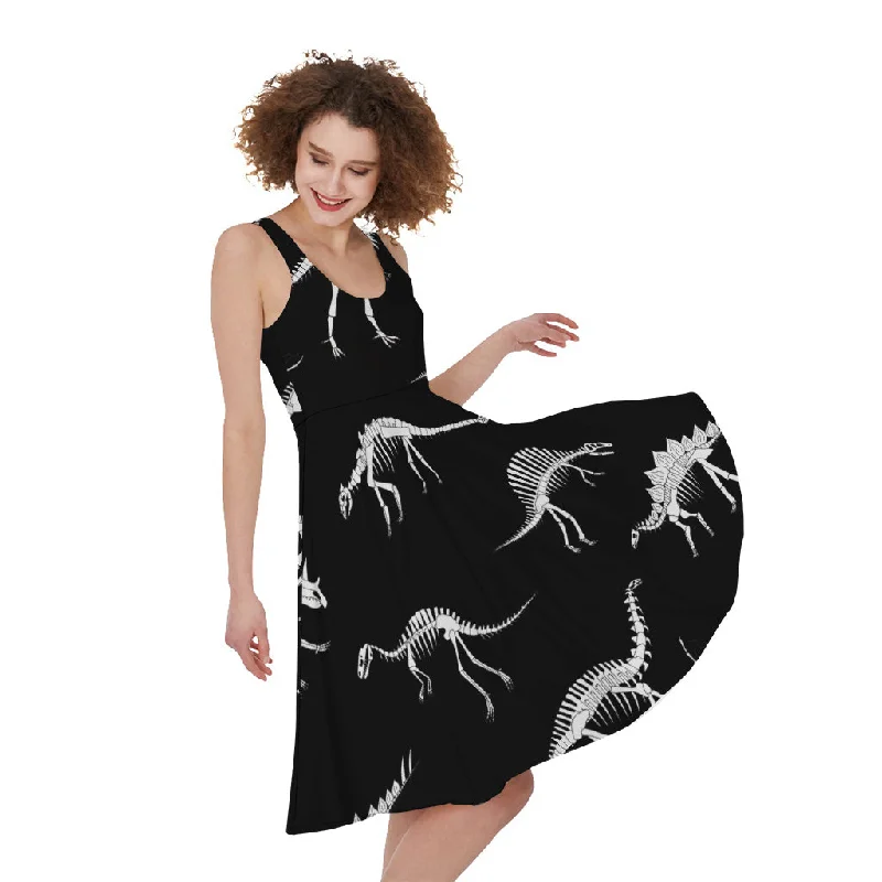 Black And White Dinosaur Fossil Print Sleeveless Knee Length Dress