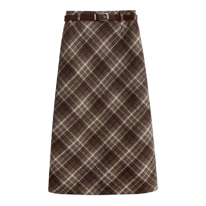 Coffee Cream Plaid Midi Skirt