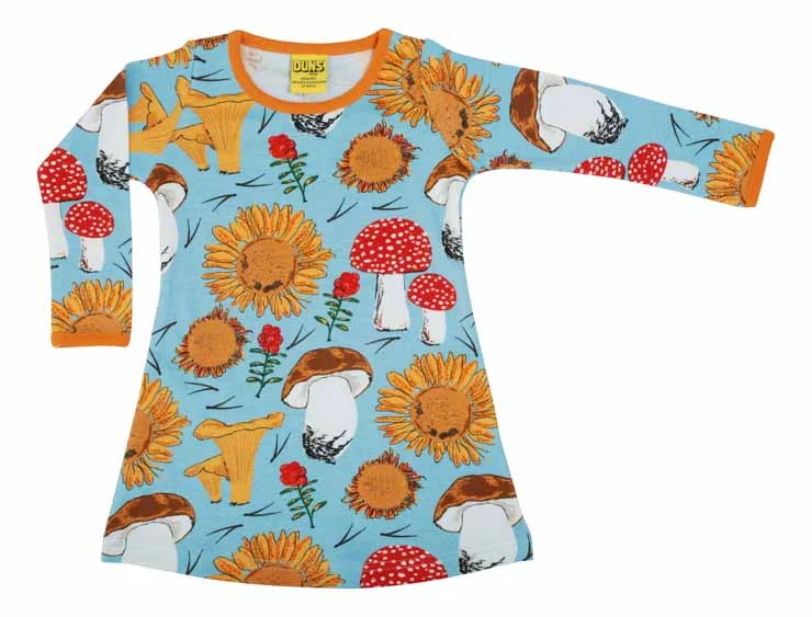 DUNS Long Sleeved A-line Dress - Sunflower and Mushrooms Blue